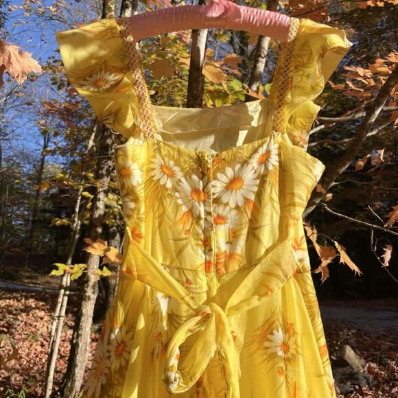 1960s Vintage Daisy Gown Dress Golden Yellow Floral Chiffon Dress Small Sz 4 - Picture 5 of 10